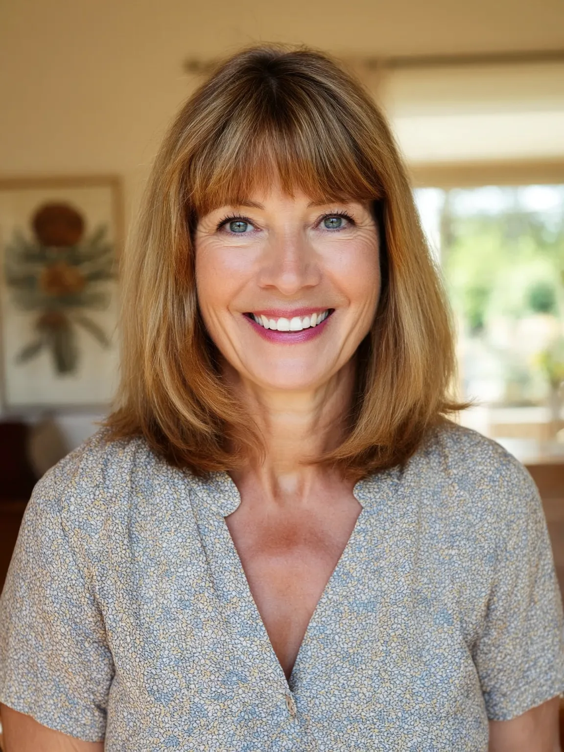 Sun-Kissed Golden Brown Layered Bob with Blunt Bangs